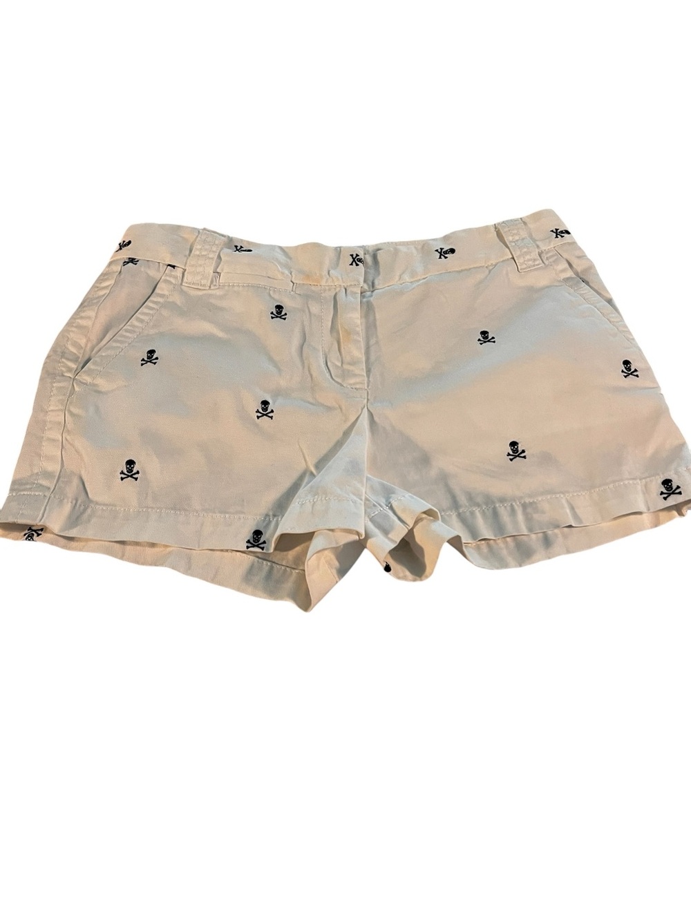 J. Crew Chino White Cotton Shorts with Navy Skull Embroidery